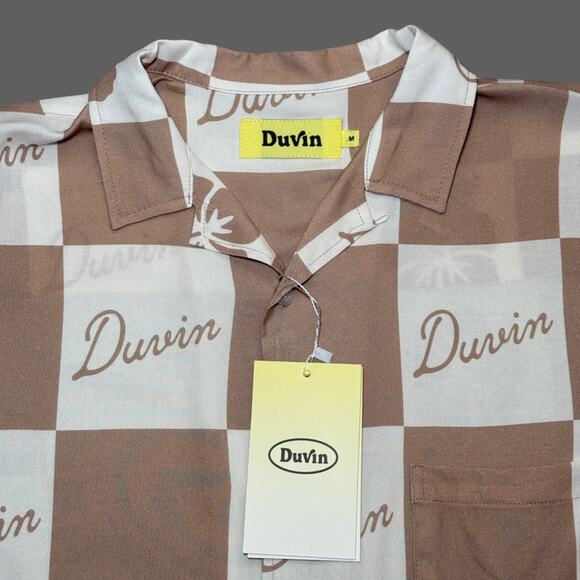 Duvin Checker Flower Button Up Tan Mens Size M NWT $68 - Picture 2 of 7
